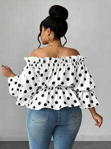 Maweii Camisa de botones con hombros descubiertos, volantes y estampado de lunares para mujer talla grande, de verano - Multicolor - Ver 3