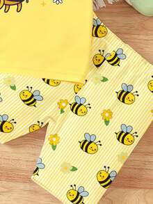 Setelan Kaos Pendek Lengan Bergelombang dan Celana Sepeda untuk Anak Perempuan Muda dengan Motif Lebah Kartun Kreatif dan Segar, Gaya Kasual, Nyaman untuk Olahraga Sehari-hari, Musim Semi, Musim Panas, dan Musim Gugur. - MultiWarna - View 6