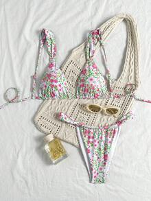 Swim Mod 1pc Women's Red & Green Ditsy Floral Triangle Sexy Beach Vacation Swimsuit Set - Multicolor - View 3