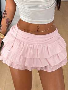 Coolane Women's Spring Preppy Chic Y2K Vacation Outfits Festival Boho Comfortable White Ruffle Tiered Skirt - Baby Pink - View 1
