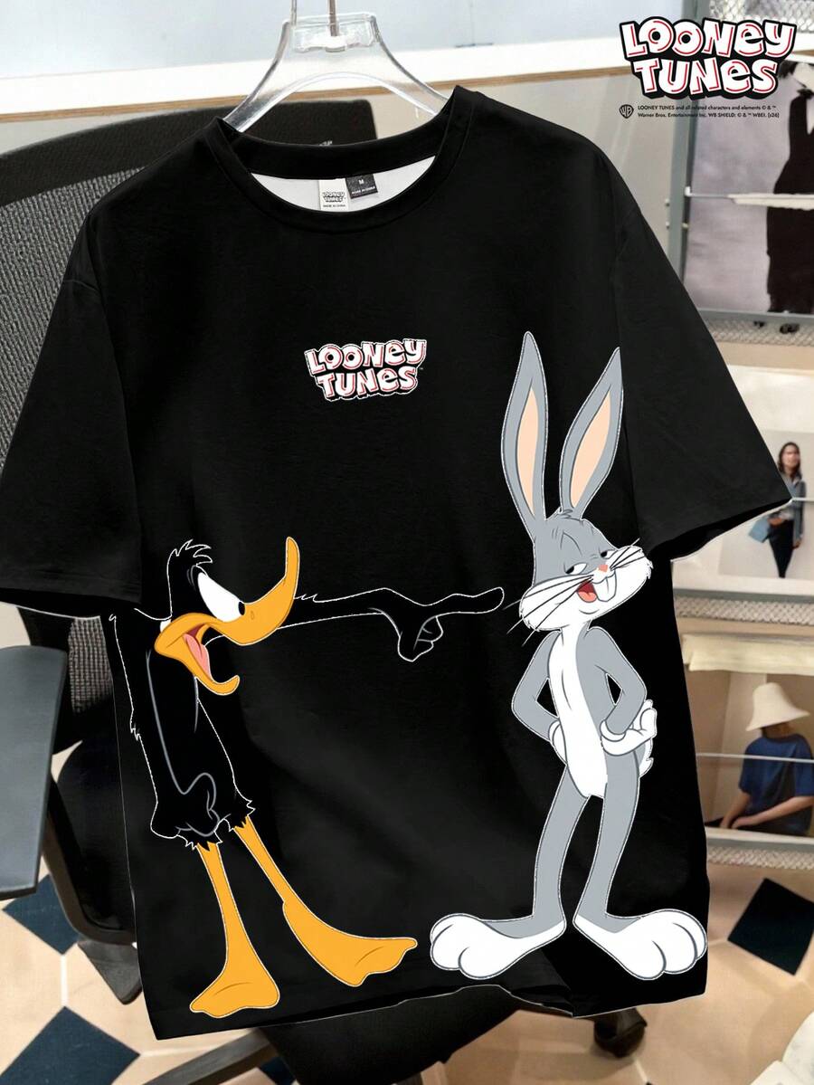 Looney Tunes X Manfinity Daypath 大码男式字母和卡通图案圆领短袖休闲T恤 - 黑色 - 查看 1