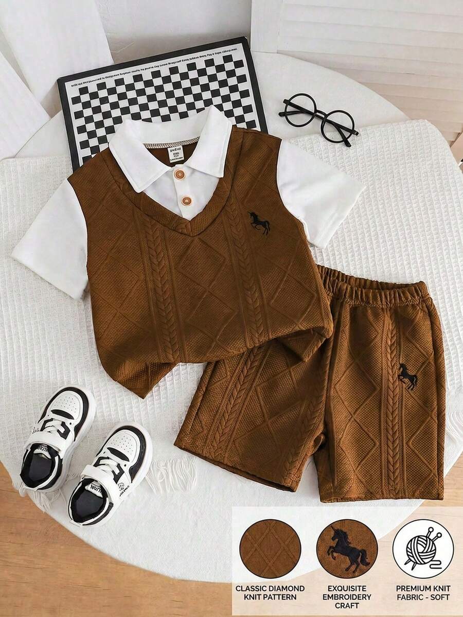 SHEIN Streecool Kids 2件套男童休闲刺绣二合一提花面料短袖T恤和短裤，舒适套装，适合日常休闲户外活动，春夏穿着。