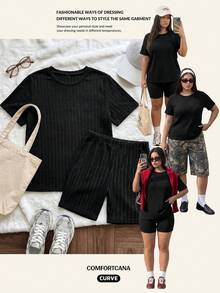 Comfortcana Plus Size Solid Color Set 2pcs Short Sleeve Tops + 2pcs Knee-Length Shorts 4pcs Pack - Multicolor - View 1