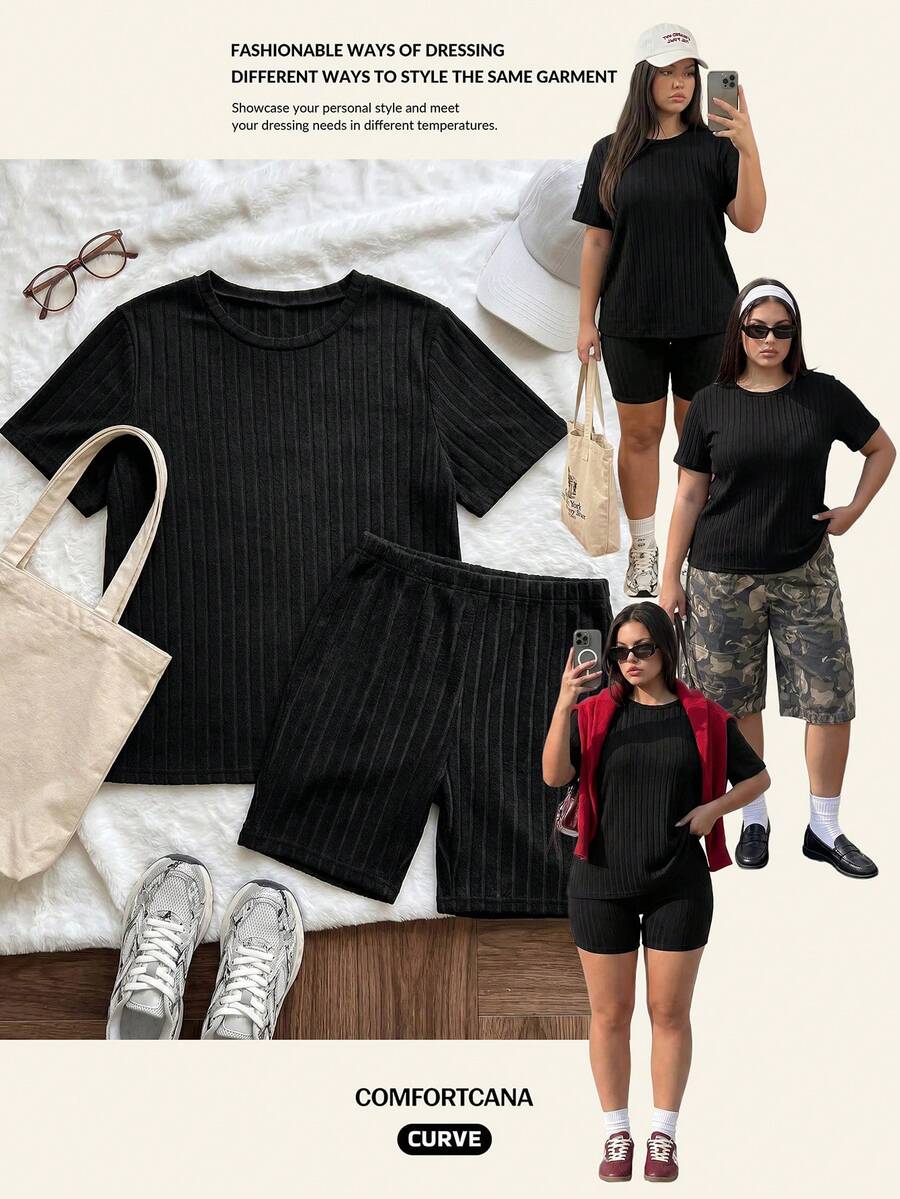 Comfortcana Plus Size Solid Color Set 2pcs Short Sleeve Tops + 2pcs Knee-Length Shorts 4pcs Pack - Multicolor - View 1
