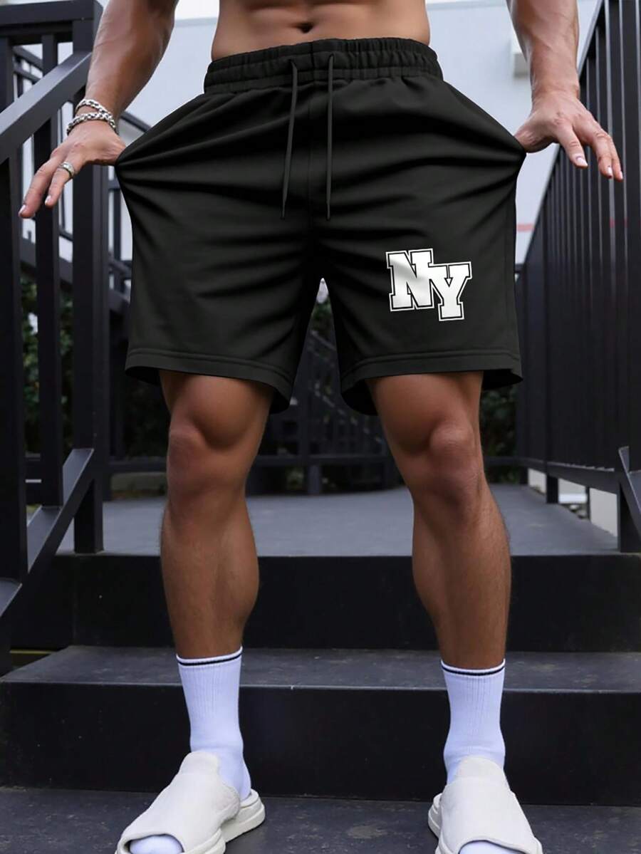 Manfinity Homme Men's Letter Print Drawstring Waist Casual Shorts - Black - View 1