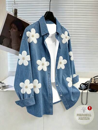 Resyla Blusa de Talla Grande con Estampado Digital de Flores y Perlas Falsas 3D para Mujeres