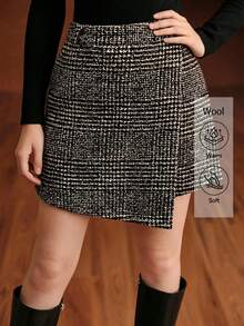 Franclia Women's Autumn/Winter Fashion New Stylish Houndstooth Retro Minimalist Commuter Versatile Daily Japanese Street Style Asymmetric Hem Skirt - Coffee Brown - View 3