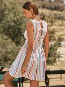 WESTFADE Smocked Bodice Tie Back Sleeveless Fit & Flare Multi Stripe Mini Dress, Country Style For Women, Summer Outfit, World Cup - Multicolor - View 1