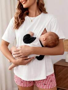 Slowluna Maternity Casual Heart Slogan Print Nursing T-Shirt, Summer Summer Outfits World Cup - White - View 3