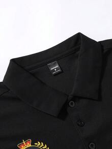Manfinity Campus Court Aesthetic Post--Men's Casual Letter Print Long Sleeve Golf Polo Shirt For Autumn, For Fall - Black - View 3