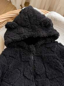 Newborn Baby Girl Autumn/Winter Cute 3D Ears Fuzzy Zipper Hooded Jumpsuit - Black - View 5