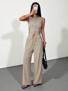 SHEIN PETITE 2件組女款休閒條紋前扣長袖上衣與寬腿褲套裝，秋季條紋兩件套 - 彩色 - 查看 1