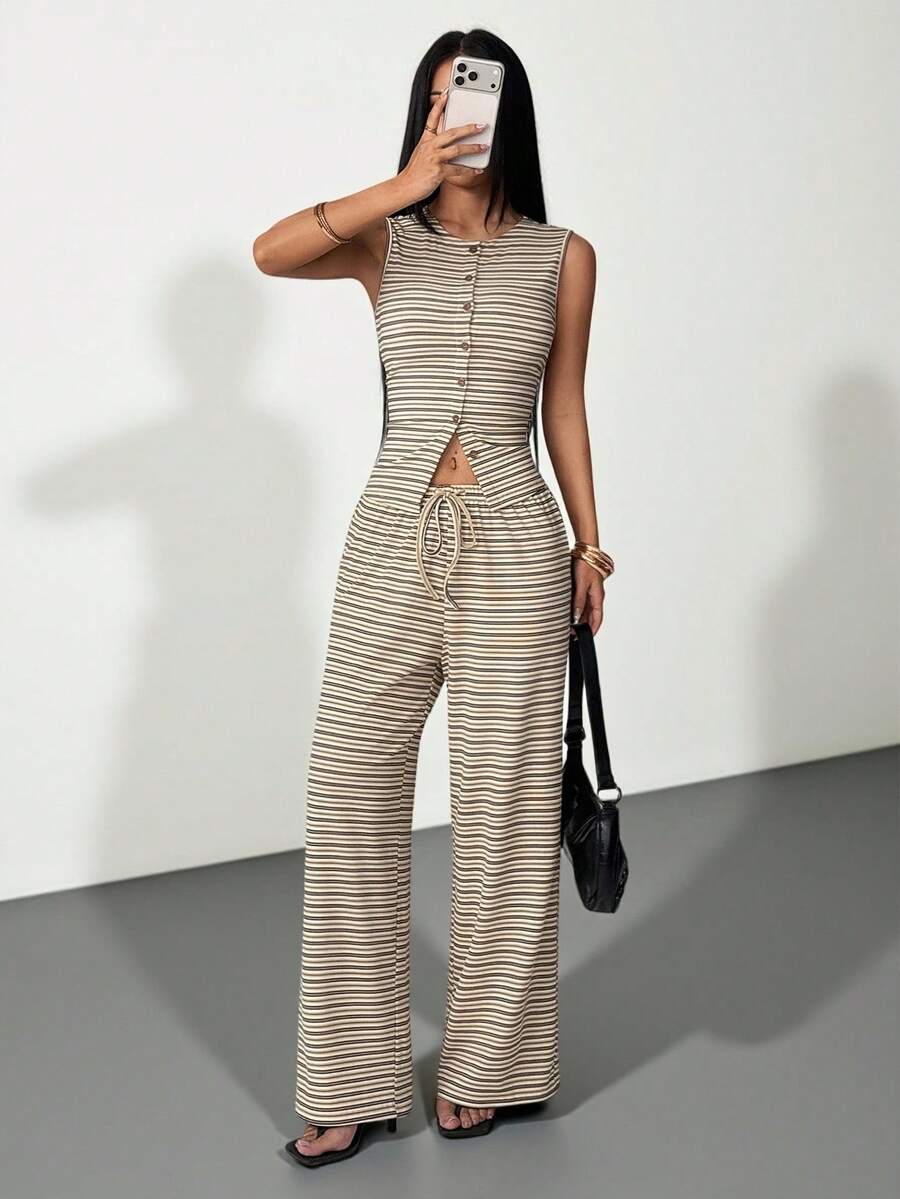 SHEIN PETITE 2件組女款休閒條紋前扣長袖上衣與寬腿褲套裝，秋季條紋兩件套 - 彩色 - 查看 1
