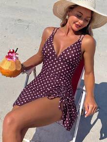 Swim Vcay 女款夏季海灘穿搭 碎花印花抽繩交叉肩帶V領抓皺裙褲 性感泳裙 - 棕色 - 查看 5