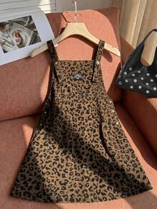 Comfortcana Plus Size Women's Leopard Print Letter Graphic Denim Overall Dress - Brown - View 4