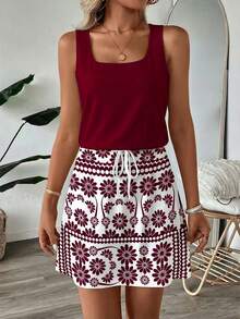 SHEIN LUNE Gaun Pendek Kasual Bermotif untuk Wanita, Cocok untuk Musim Semi dan Musim Panas - Burgundy - View 4