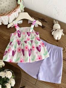 SHEIN Vintaside Kids 2件組女嬰心形圖案花卉印花背心上衣配蝴蝶結與短褲套裝，甜美可愛 - 紫色 - 查看 2