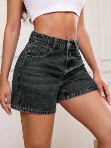 SHEIN PETITE 女款休閒街頭風百搭牛仔短褲，附口袋，深色水洗，適合城市度假與日常穿著，夏季款 - 深灰色 - 查看 8