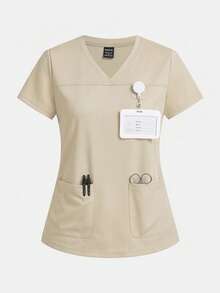 TaskEZ Solid Color V-Neck Short Sleeve Dual Pocket Scrub Uniform Top - Multicolor - View 5
