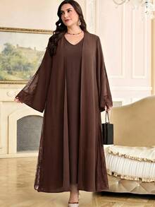 Al Najma Plus Size Women's Contrast Lace Long Sleeve Abaya - Coffee Brown - View 5