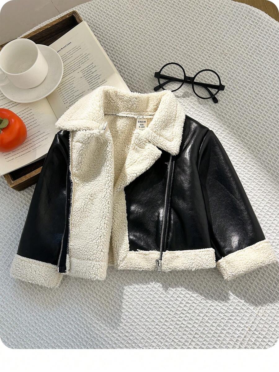 SHEIN Baby Girl Autumn/Winter Cute Versatile Colorblock Thermal Lined Faux Fur Jacket Coat - Black - View 1