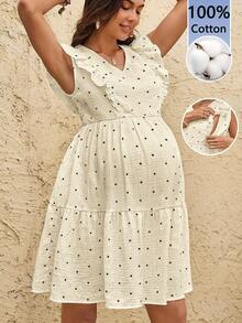 Boho Mama Vestido de maternidad y lactancia con textura de lunares y bajo con volantes - Albaricoque - Ver 9