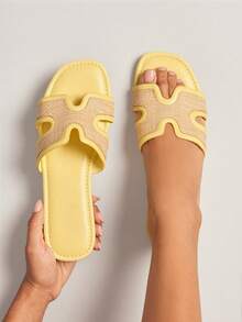 SHUZIA Sandal đế bằng bằng sợi raffia khoét hở, thời trang, đa năng dành cho nữ. - Màu vàng - Xem 2