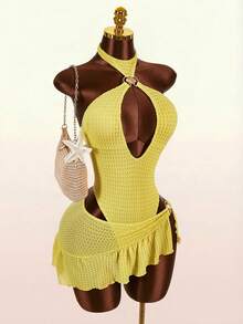 Amplova Ensemble de maillot de bain pour femmes, maillot de bain une pièce dos nu à col licou avec décoration en coquillage métallique et jupe de plage - Jaune clair - Voir 7