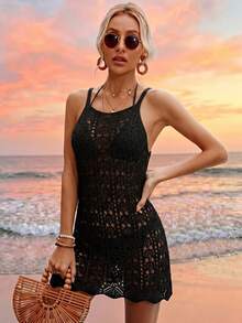 Swim Vcay Swim Chiccia 女款歐美純色海灘度假性感鏤空透視波西米亞風無袖針織罩衫短版吊帶洋裝 夏季新款優雅黑色極簡日常鉤編編織細肩帶海灘罩衫洋裝，女款海灘度假套裝，度假洋裝，適合度假、約會、下午茶、郵輪 - 黑色 - 查看 6
