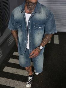 DAZY Blue Washed Denim Short Sleeve Top And Shorts Set For Men - Blue - View 4