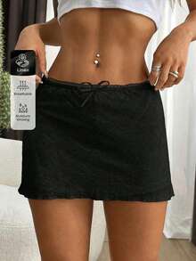 SHEIN EZwear Women's Solid Color Simple Linen Black Mini Skirt For Daily Wear - Black - View 7