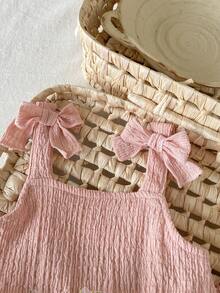 SHEIN Vintaside Kids 2件組女嬰幼童/新生兒0-3歲春夏休閒日常可愛度假條紋蝴蝶結圖案吊帶上衣+短褲套裝 - 粉色 - 查看 4
