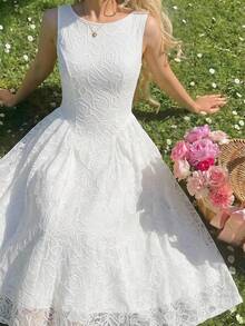 SHEIN Tween Mädchen Lässiges elegantes Mode einfarbiges weißes Spitzenkleid, vielseitig geeignet für den täglichen Gebrauch, Zeremonien, Partys, neues Mädchenkleid, Teeparty-Kleid, weißes Kleid, Sommerkleid - Weiss - Übersicht 7