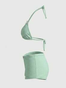 Sweetra Women's Sweet Plaid Textured Triangle Cup Bralette And Briefs Bikini Set For Summer Beach Vacation - Green - View 3