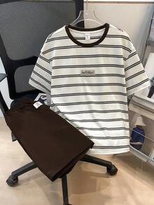 2件套 青少年男童休闲舒适百搭条纹印花T恤和纯色短裤套装 - 棕色 - 查看 2