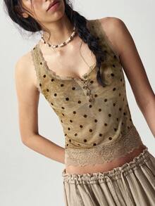 Bohemela Spring Summer Vacation Knit Mesh Contrast Lace Women's Tank Top - Green - View 5