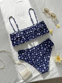 Swim Mod 花卉飾邊可愛甜美復古休閒度假海灘女款泳衣套裝 - 彩色 - 查看 2