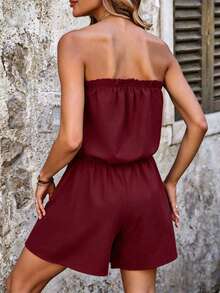 Swim Vcay Women's Solid Color Pleated Casual Daily Outing Cover-Up Strapless Romper - Burgundy - View 2