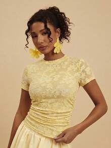 Travachic 女款提花百褶休閒百搭日常外出上衣 - 黃色 - 查看 4