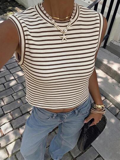 Siren Gaze Casual gestreepte mouwloze losse tanktop voor dames, blauw-wit gestreept, zomer, casual, vakantie, feest, Y2K modieuze elegante streetwear