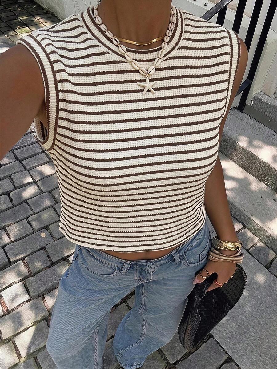 Siren Gaze Débardeur ample sans manches à rayures décontracté pour femmes, rayures bleu et blanc, été, décontracté, vacances, congés, mode Y2K élégante, streetwear, fête - Multicolore - Voir 1