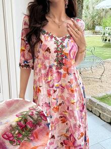 Al Najma Spring/Summer French Lace Square Neck Printed Gentle Short Sleeve Elegant Dress - Multicolor - View 8