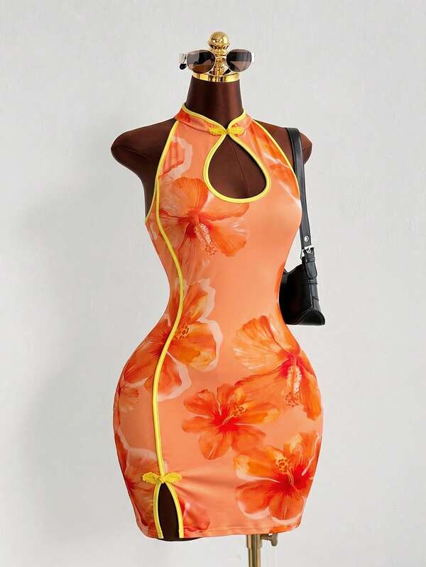 Sunspun Chinese Style Dragon Print Halter Neck Cheongsam Dress Women Summer Hot Girl Style Color Block Bodycon Mini Dress Vintage Sexy Sleeveless Dress