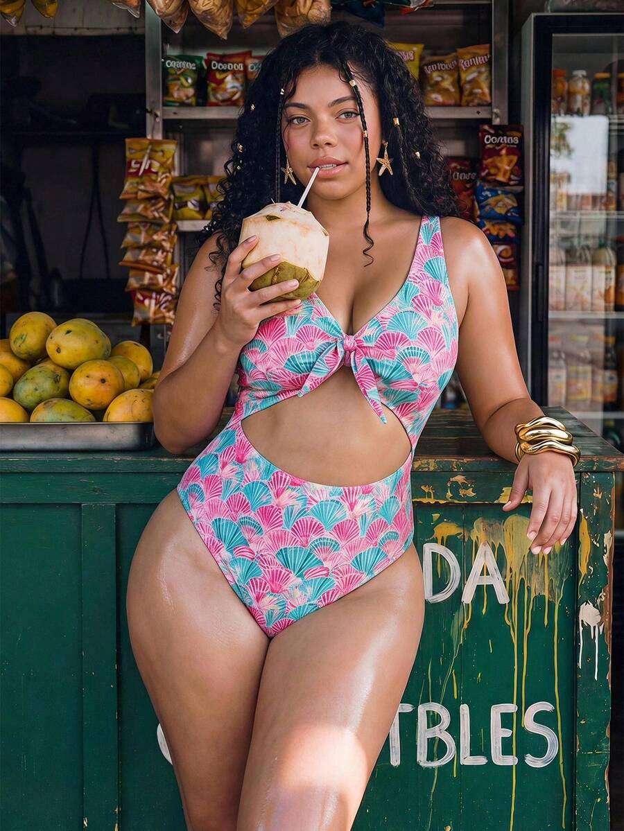 Swim Mod Plus Size One-Piece Swimsuit For Women, Elegant Sexy Pink Shell Print, V-Neck Front Twist Cutout, Holiday Summer Beach Vacation Pool Party - Multicolor - View 1