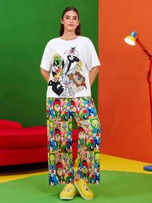 LOONEY TUNES X SHEIN 大码夏季休闲卡通图案圆领短袖T恤和短裤睡衣套装 - 白色 - 查看 3