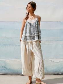Top de tirantes tipo camisola para mujer, estilo vintage dulce y juvenil, casual para uso diario en verano, color azul claro a cuadros, con encaje y dobladillo doble capa - Celeste - Ver 3