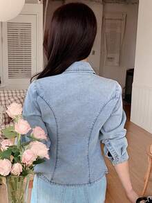 DAZY Light Wash Blue Collared Pocket Loose Long Sleeve Denim Shirt Spring Summer Autumn - Blue - View 8