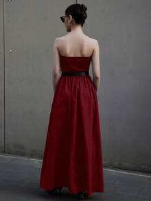 Siren Gaze 女式夏季上紧下宽针织拼接梭织休闲连衣裙带侧袋 - 酒紅色 - 查看 2