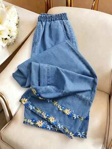 GlowEve CURVE Plus Size Women's Floral Embroidered Pocket Loose Casual Denim Jeans - Blue - View 1