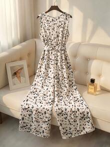 Franclia Plus Size Woven V-Neck Sleeveless Ink Print Camisole Tie Waist Metal Buckle Wide Leg Jumpsuit Tea Party Vacation Pastel Summer - Beige - View 2